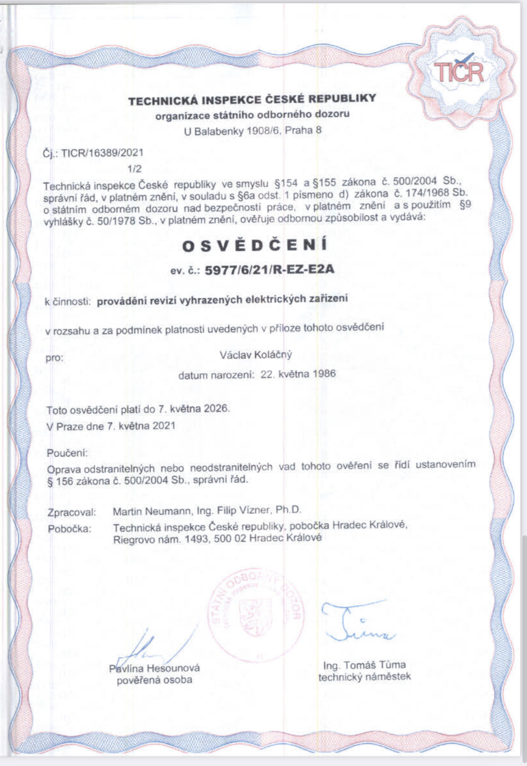 Osvědčení provádění revizí ele. zařízení